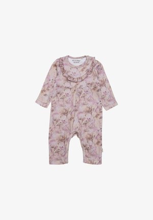 Body para bebé de estampado floral en tonos rosas, hecho de un material suave, con mangas largas, un escote con volantes y cierres a presión en la parte inferior.