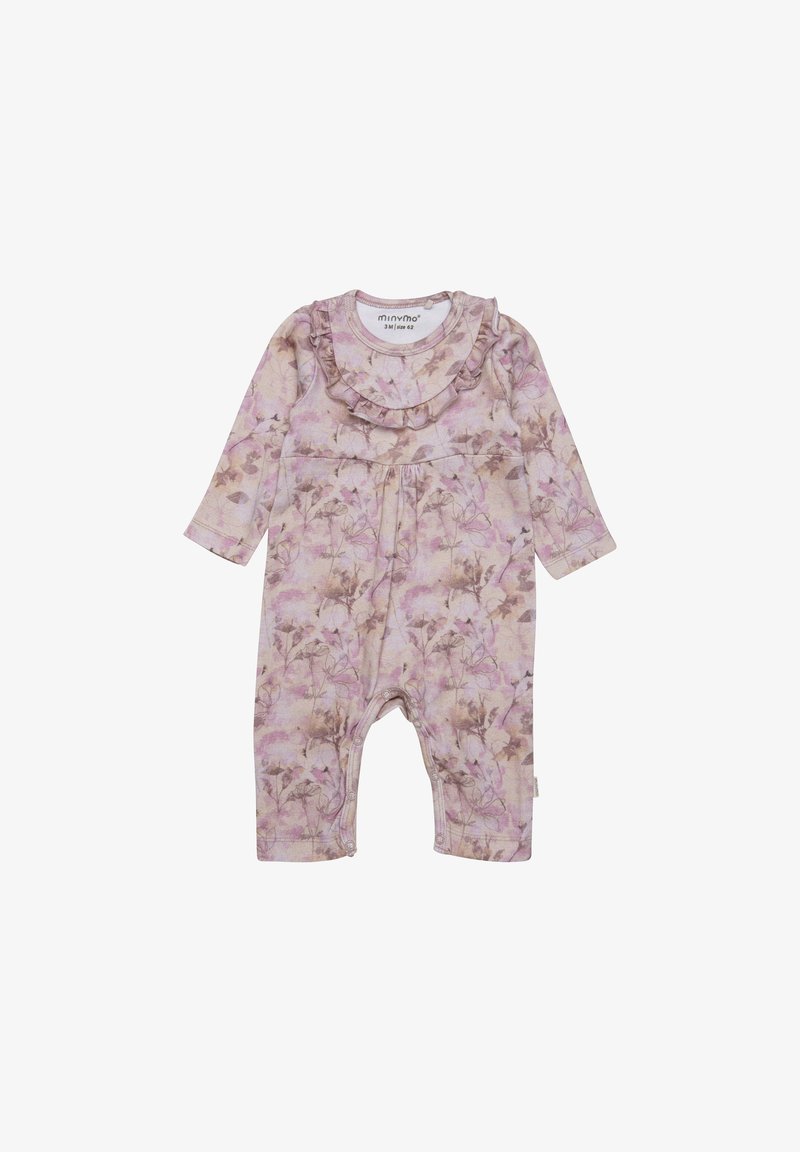 Body para bebé de estampado floral en tonos rosas, hecho de un material suave, con mangas largas, un escote con volantes y cierres a presión en la parte inferior.