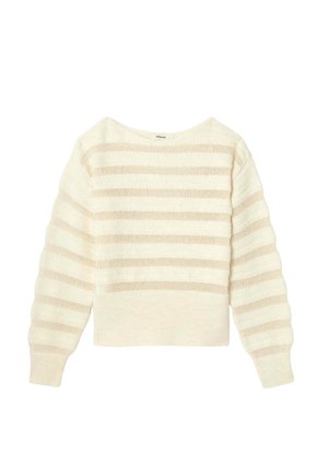 Pull crème avec des rayures beige horizontales, texture côtelée, encolure large et manches longues légèrement bouffantes. Ourlet cropped.