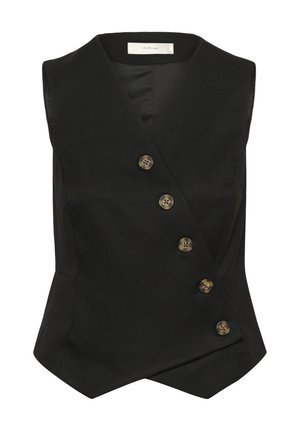 Fekete ujjatlan mellény V-nyakkal és aszimmetrikus gombzárással, öt barna gombbal, testhezálló fazonban és egyszínű anyagból.