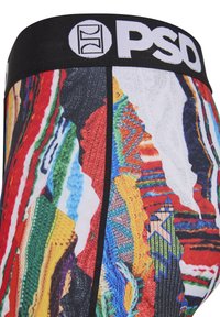 Colorful patterned boxer briefs featuring a mix of vibrant textures in red, green, blue, and yellow, with a black elastic waistband marked "PSD."