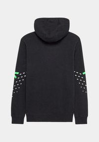 Sudadera negra con capucha y cordón ajustable, y bolsillo tipo canguro. Presenta detalles en verde y patrones de puntos en las mangas. Material de mezcla de algodón suave.