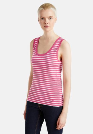 Top in cotone a righe rosa e bianche con scollo rotondo e bretelle a contrasto. Il tessuto sembra morbido con un piccolo logo vicino all'orlo.