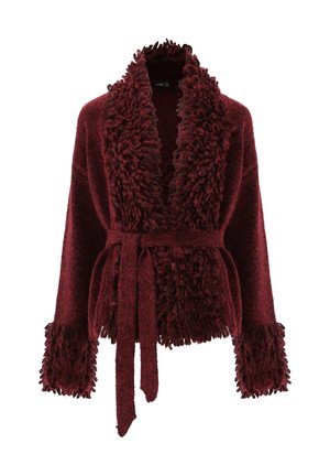 Wine-red, textured cardigan with a plush, shaggy collar and cuffs. Features a matching waist tie and open front design. Soft material.