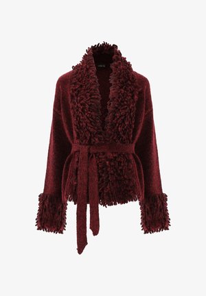 Wine-red, textured cardigan with a plush, shaggy collar and cuffs. Features a matching waist tie and open front design. Soft material.
