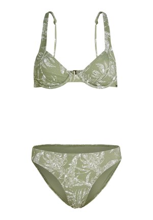 Grönt bikiniset med ett mönstrat bralette som har justerbara axelband och matchande låg midja-byxor. Tillverkat av ett mjukt tyg.