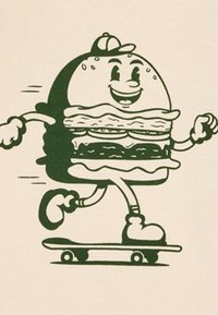 Cartoon burger character with a smiling face, wearing a cap, roller-skating on a skateboard, outlined in green on a light background.
