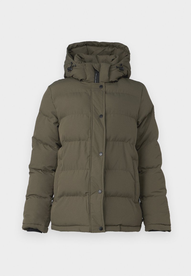 Chaqueta acolchada verde oliva con capucha, con un diseño acolchado, botones de presión en la parte delantera y detalles en negro en la cremallera y los puños.