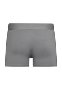 Boxers grises hechos de tela suave, con una amplia banda elástica en la cintura y un diseño ajustado. Sin patrones ni logotipos visibles.