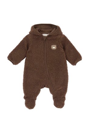 Tuta intera per neonati in pile marrone con cappuccio, copripiedi, zip frontale e piccolo patch con faccia di orsetto sul petto.