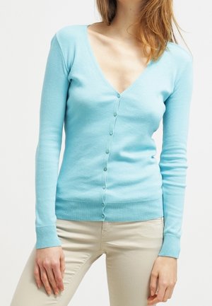 Femme portant un cardigan boutonné ajusté bleu clair et un pantalon beige, debout devant un fond blanc uni.