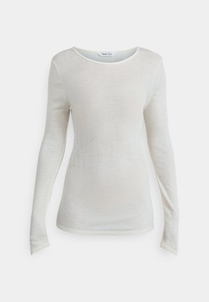 Lehký top s dlouhým rukávem v off-white barvě. Vyroben z průsvitné látky s mírně texturovaným povrchem. Kulatý výstřih a přiléhavý střih.