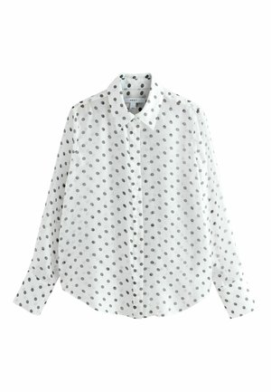 Weißes Langarmhemd mit grauen Punkten, Button-Down-Kragen und abgerundetem Saum. Glatter Stoff mit leichtem, klassischem Design.