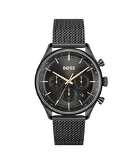 Reloj cronógrafo de acero inoxidable negro con correa de malla. Esfera negra, acentos dorados, tres subesferas y una pantalla de fecha a las 6 en punto.