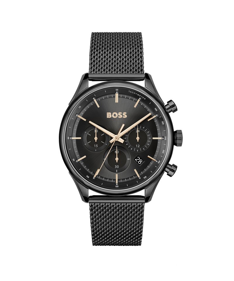 Reloj cronógrafo de acero inoxidable negro con correa de malla. Esfera negra, acentos dorados, tres subesferas y una pantalla de fecha a las 6 en punto.