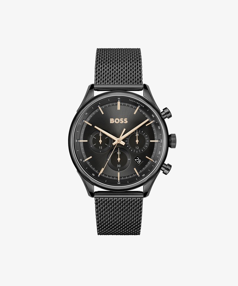 Orologio cronografo in acciaio inossidabile nero con cinturino a maglia. Quadrante nero, dettagli dorati, tre sottoquadranti e display della data alle 6.