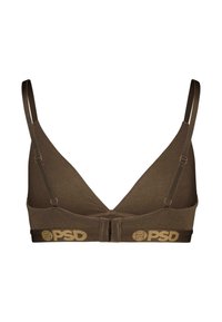 Brun trekantet bralette med justerbare stropper, elastisk bånd med gull-logo og myk, glatt tekstur.
