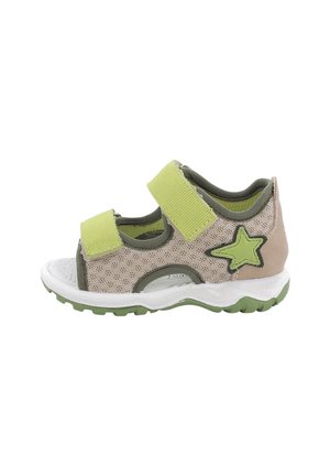 Sandalo aperto per bambini in mesh beige con cinturini in velcro verdi e dettaglio a stella verde sul lato, suola bianca e verde.