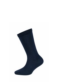 Calzino da uomo in blu navy scuro con parte superiore a costine, mostrato su uno sfondo bianco.