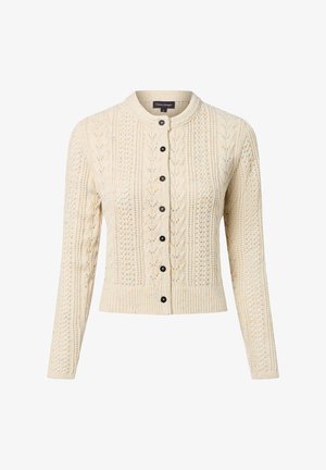 Cardigan en tricot crème avec un col rond, présentant des motifs en côtes et des boutons noirs sur le devant. Manches longues.