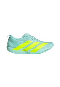 Scarpa da ginnastica azzurro chiaro con una parte superiore testurizzata, dettagli giallo brillante e un design affusolato con una suola leggera pensata per le prestazioni.