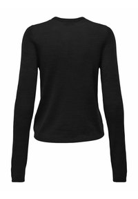 Melna garām piedurknēm džemperis ar apaļu kakla burtu. Izgatavots no mīksta materiāla, ar pieguļošu siluetu un gludu tekstūru. Nav redzamu rakstu.