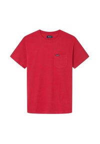 Rotes Baumwoll-T-Shirt mit kurzen Ärmeln und rundem Halsausschnitt, ausgestattet mit einer linken Brusttasche und einem kleinen Markenetikett über der Tasche.