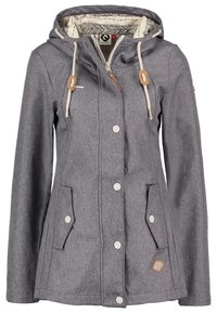 Gray fabric jacket with a hood, drawstring accents, front snap buttons, two side pockets, and patterned interior lining.