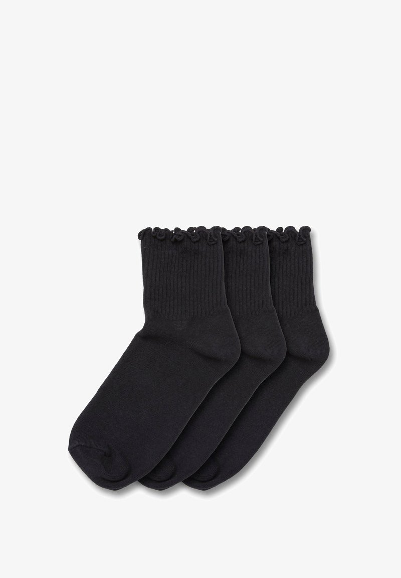 Three pairs of black cotton socks with a ribbed ankle and scalloped edge detailing. Smooth texture, standard sock shape, and solid color.