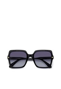 Occhiali da sole oversized neri a forma quadrata con lenti sfumate grigie. La montatura in plastica liscia presenta sottili accenti dorati e temple larghi.
