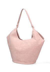 Borsa hobo in suede rosa con un design morbido, tracolla singola regolabile e grande apertura. Tessuto morbido senza motivi o accessori prominenti.