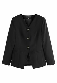Sort blazer med v-hals, tre guldknaplukninger, to forlommer og struktureret pasform. Lavet af glat stof med en skræddersyet silhuet.