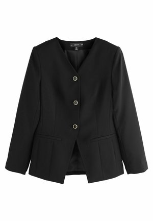 Černý blazer s výstřihem do V, zapínáním na tři zlaté knoflíky, dvěma předními kapsami a strukturovaným střihem. Vyrobeno z hladké látky s úzkým střihem.