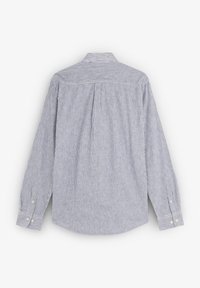 Langarmshirt met een blauw-wit verticaal gestreept patroon, kraag, knoopmanchetten en een plooi detail op de rug.