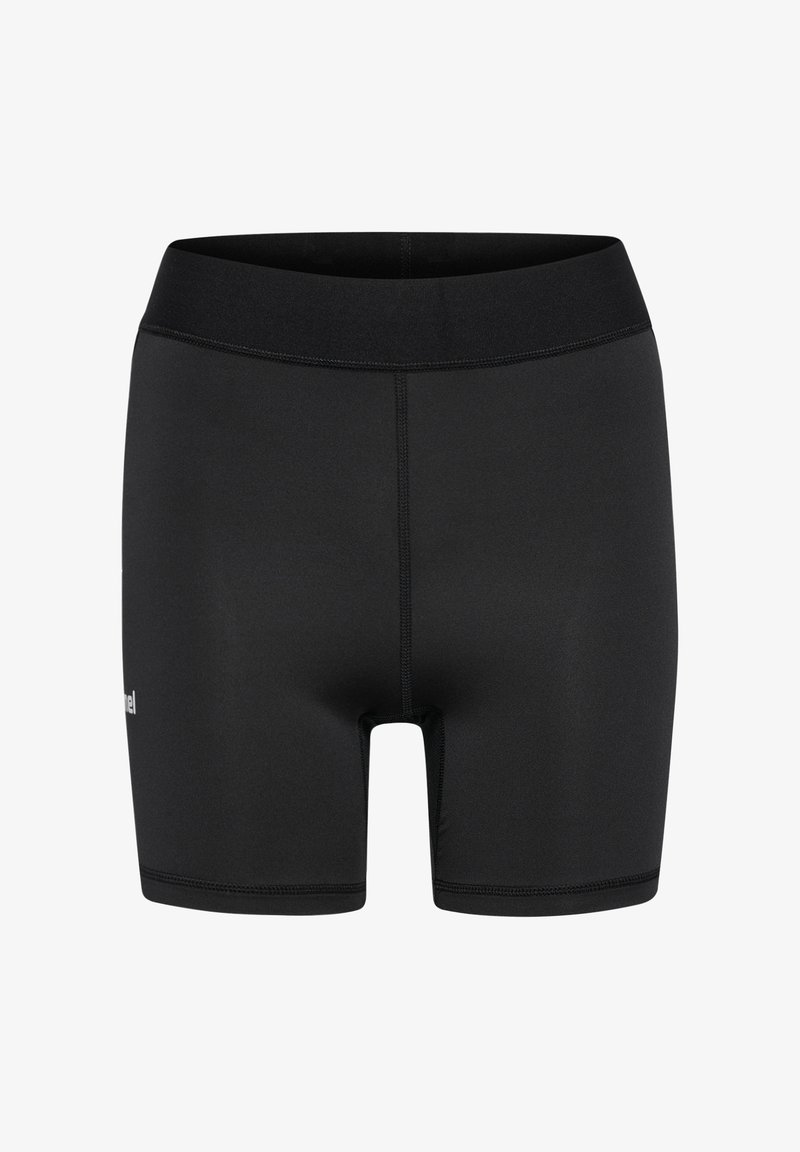 Czarne sportowe szorty wykonane z elastycznego materiału, z szerokim pasem w talii i minimalną ilością szwów dla komfortu i swobody ruchów.