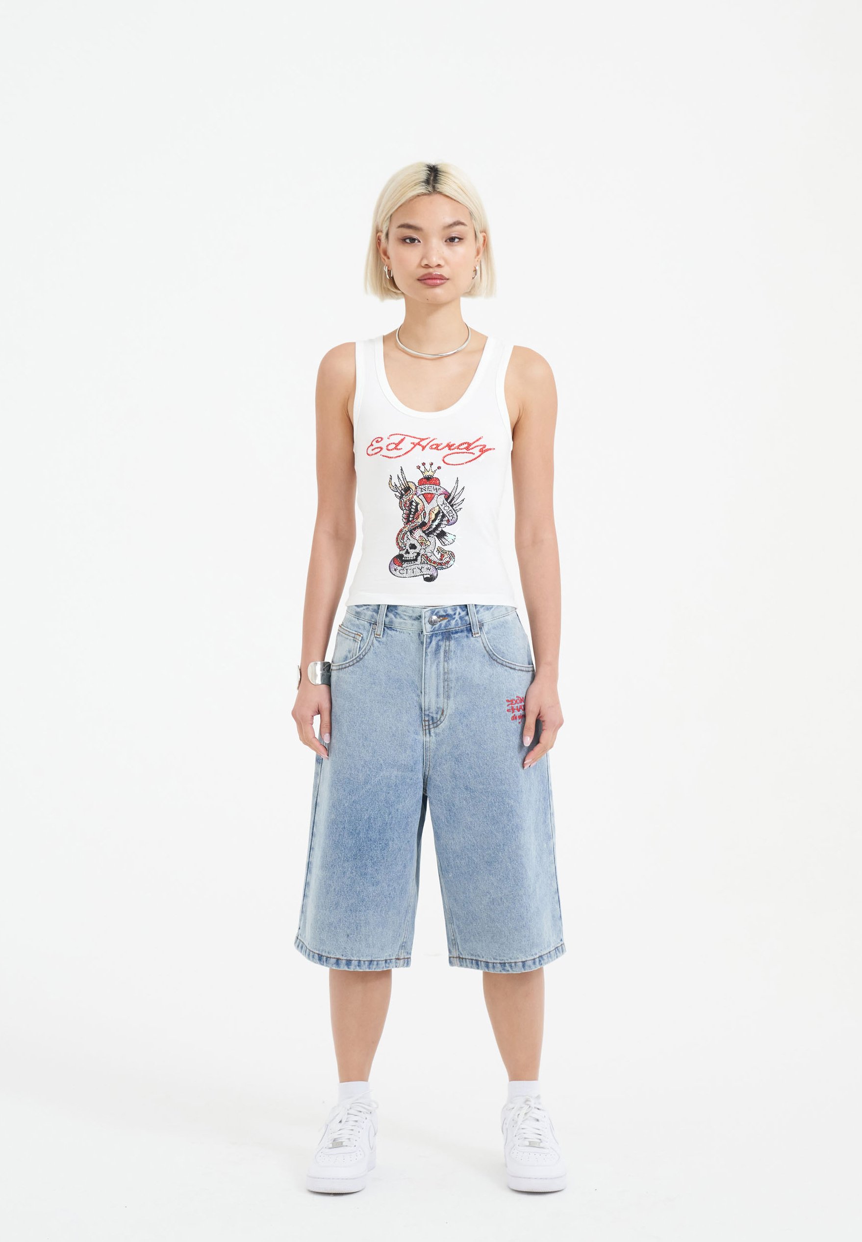 Ed Hardy LOVE RUNS WILD DIAMANTE JORTS - Denim shorts - bleach