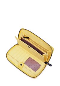 Yellow leather wallet with a zip closure. Features multiple card slots, a transparent ID window, and a pocket with a polka dot interior.