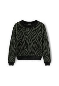 Maglione fuzzoso nero e verde con collo a girocollo a coste e polsini elasticizzati. Presenta un motivo a strisce zebra testurizzato.