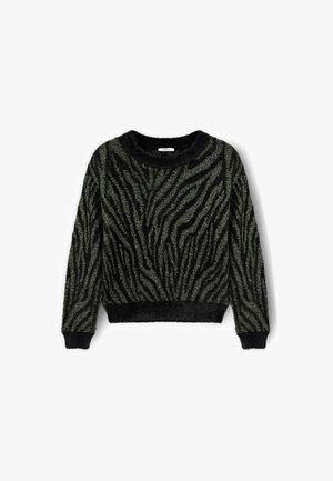 Černý a zelený huňatý svetr s žebrovaným kulatým výstřihem a elastickými manžetami. Má texturovaný vzor zebřích pruhů.