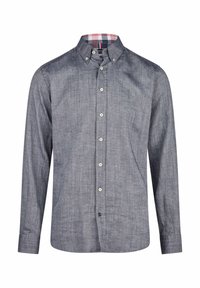 Grijze button-up shirt van geweven stof met een textuur afwerking, voorzien van een geruit kraagvoering in rood en blauw. Lange mouwen, standaard pasvorm.