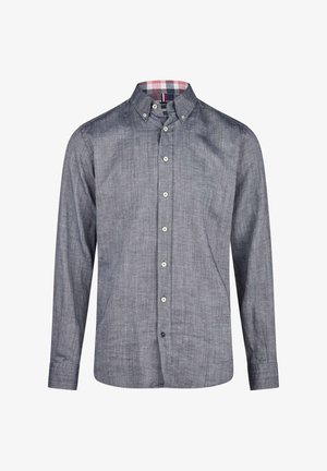 Chemise grise à manches longues en tissu tissé avec une finition texturée, avec un col à la doublure à carreaux rouge et bleu. Coupe standard.