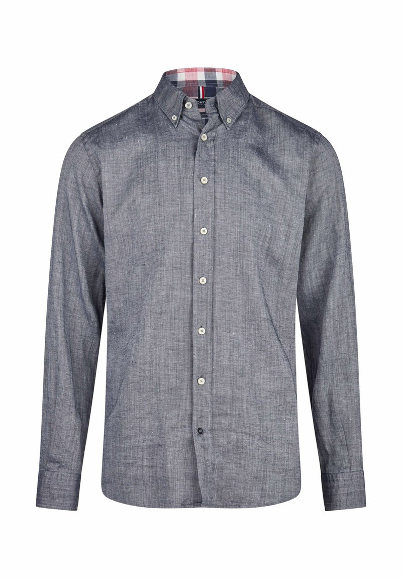 Grijze button-up shirt van geweven stof met een textuur afwerking, voorzien van een geruit kraagvoering in rood en blauw. Lange mouwen, standaard pasvorm.