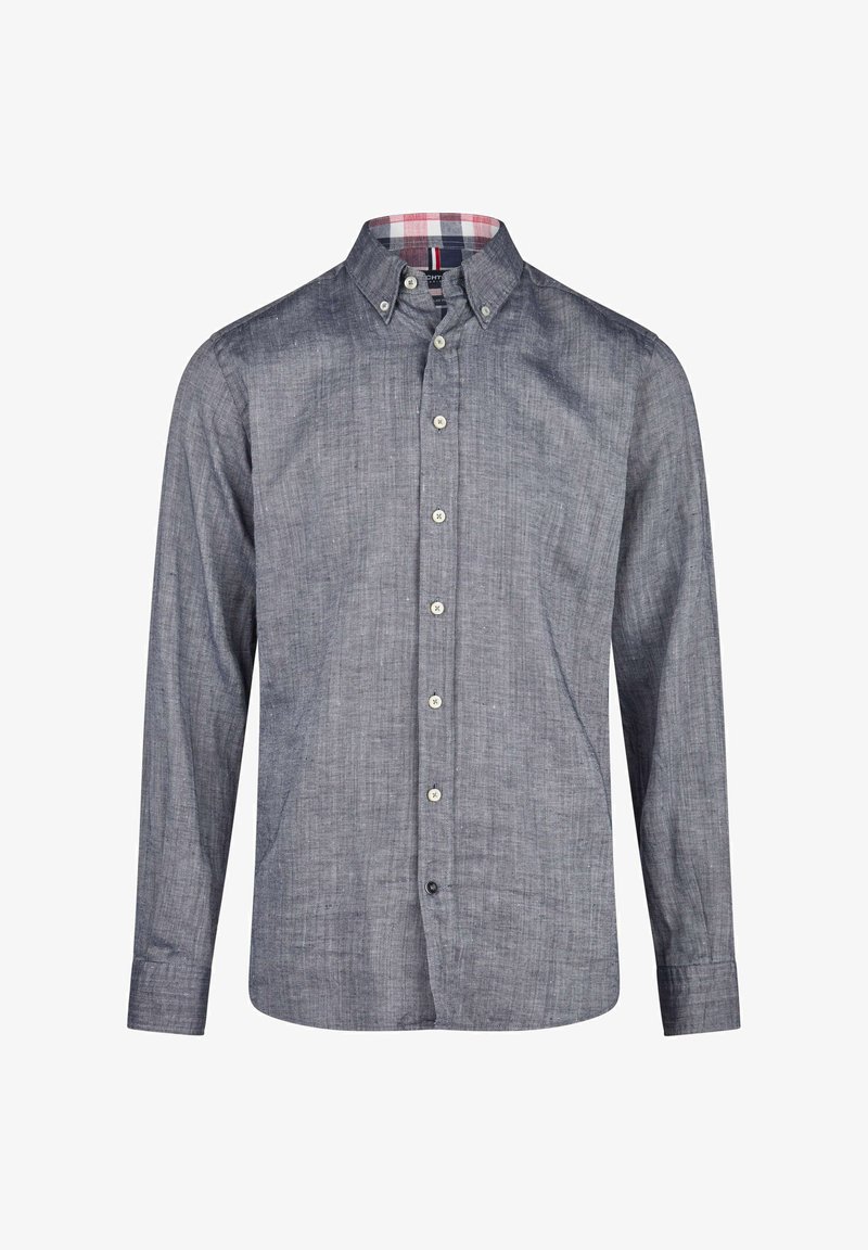 Grijze button-up shirt van geweven stof met een textuur afwerking, voorzien van een geruit kraagvoering in rood en blauw. Lange mouwen, standaard pasvorm.