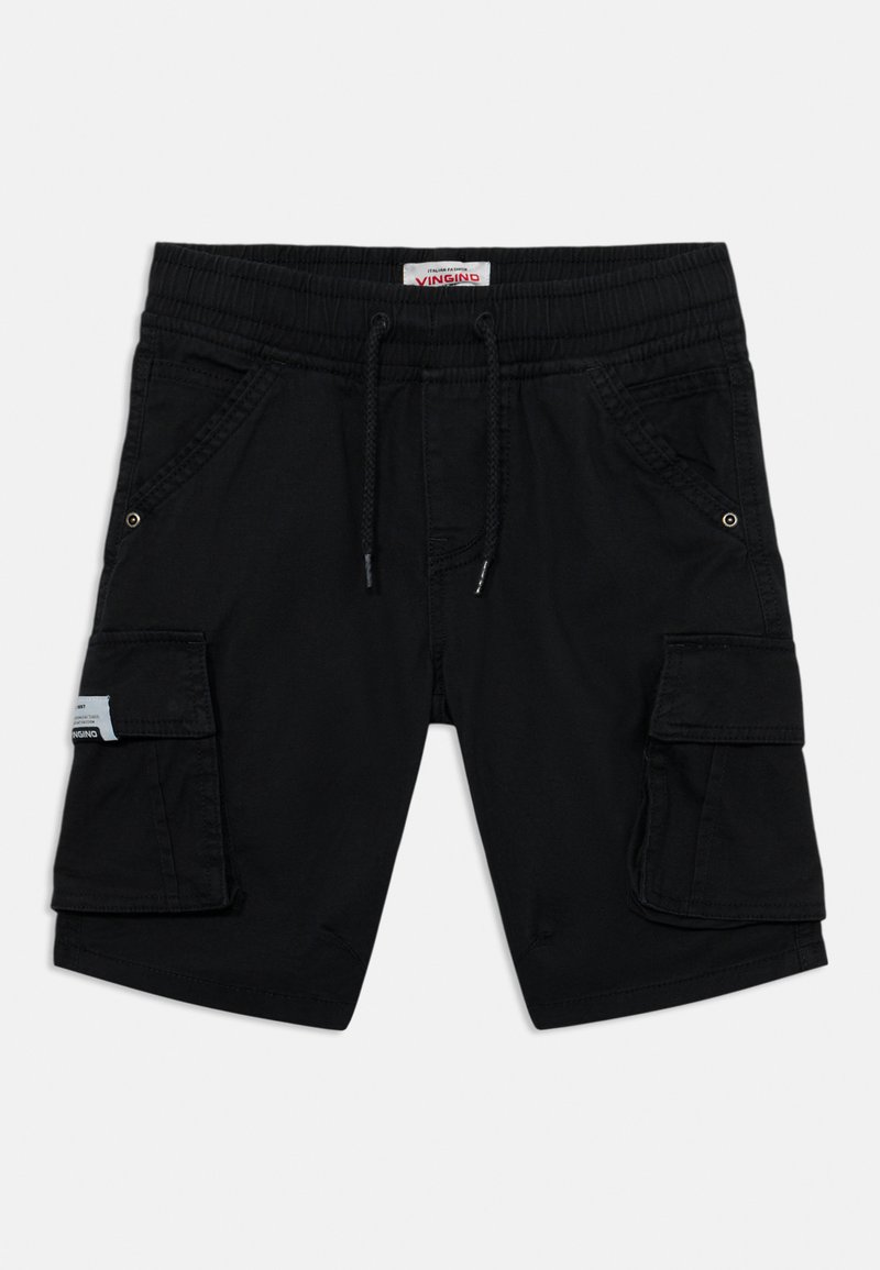 Schwarze Cargo-Shorts aus Baumwolle, mit einem elastischen Bund, Kordelzug und Seitentaschen. Enthält ein Patch-Detail auf der linken Tasche.