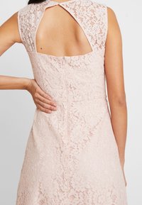 Lace dress in pale pink with a fitted bodice and open back detail. Sleeveless design features delicate floral lace texture and subtle stitching.