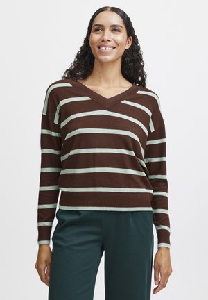 Pull rayé marron et menthe avec un col en V, présentant des manches larges et un design court. Tissu doux avec une texture lisse.
