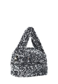 Graue, mit Pailletten besetzte Handtasche mit einer strukturierten Oberfläche, die zwei runde Griffe und eine markante Form aufweist. Auffällige glänzende Akzente sind vorhanden.
