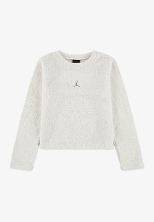 Witte, fuzzy, lange mouwen sweatshirt met een ronde hals. Heeft een klein grijs logo op de borst. Zachte textuur en cropped ontwerp.