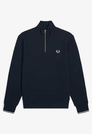 Maglione blu navy a maniche lunghe con zip a un quarto, polsini e orlo a costine, e piccolo logo a corona d'alloro ricamato bianco sul petto.