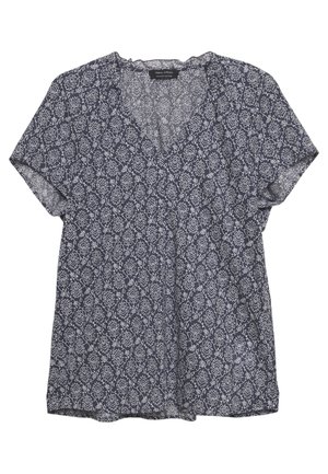 Blouse à manches courtes bleu marine avec un col en V, dotée d'un motif floral blanc et d'une coupe décontractée. Fabriquée en tissu léger et transparent.
